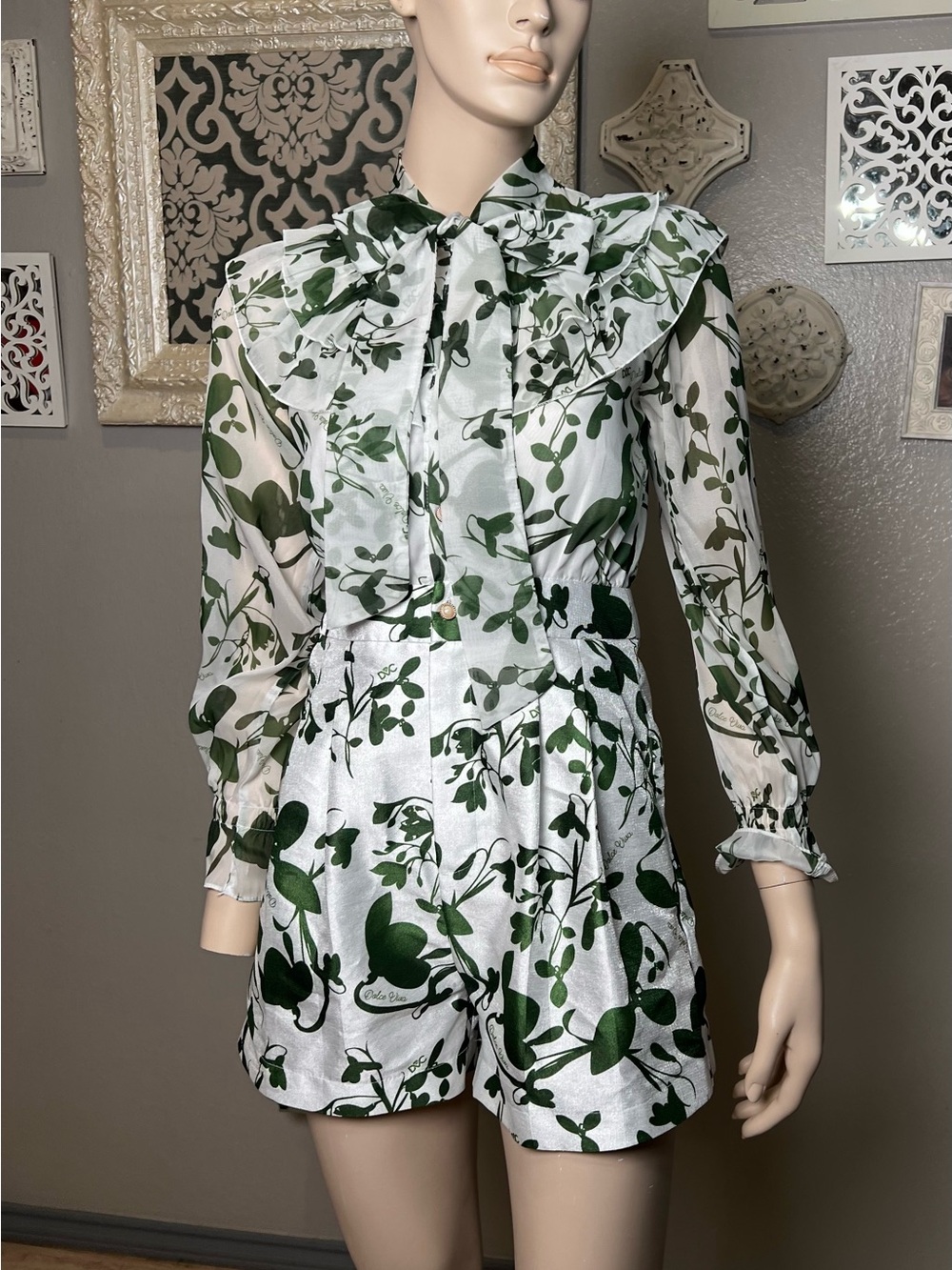 Dolce Vita White Satin Floral Tie-Neck Romper with Green Print